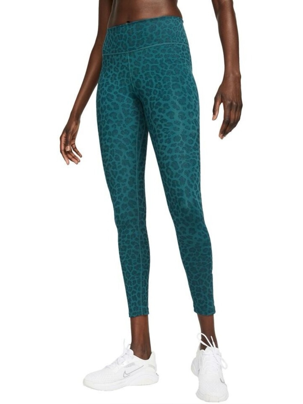 NIKE One Dri-FIT Green Leopard Glitters Printed Mid-Rise Leggings - Picture 2 of 7